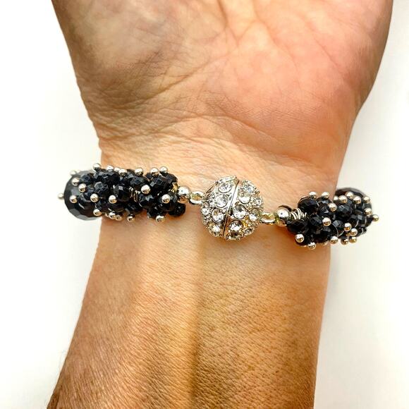 Signed "A" Glass Silver Tone Bead Bracelet Magnetic Rhinestone Disco Ball Clasp - Picture 3 of 6